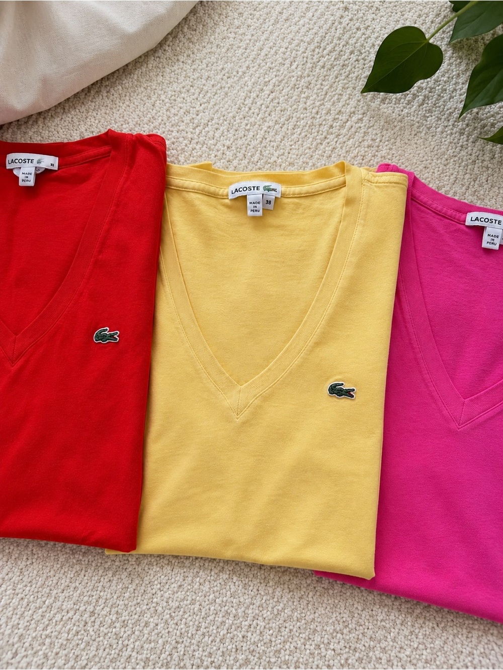 Lacoste Women’s V-Neck T-Shirt Lot of 3 Pink Yellow Red Cotton Size 38